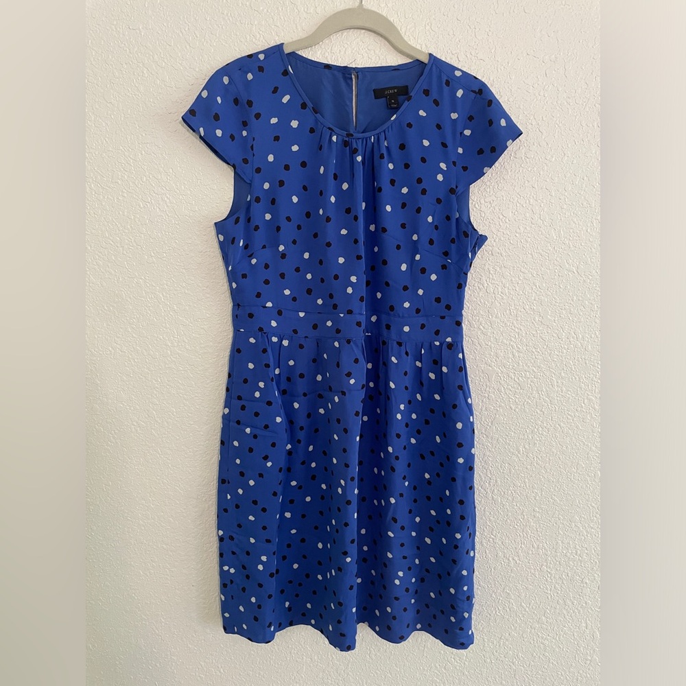 J. Crew 100% Silk Blue Polka Dot Cap Sleeve Dress | Size 10
